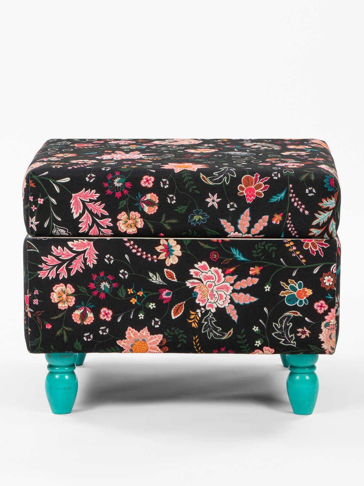Chumbak Bohemian Floral Black Sheesham Wood Modern Trunk Storage Ottoman