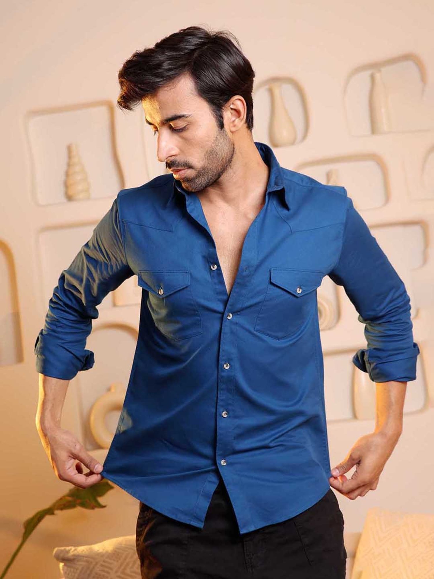 SUBTRACT Prussian Blue Regular Fit Cotton Shirt