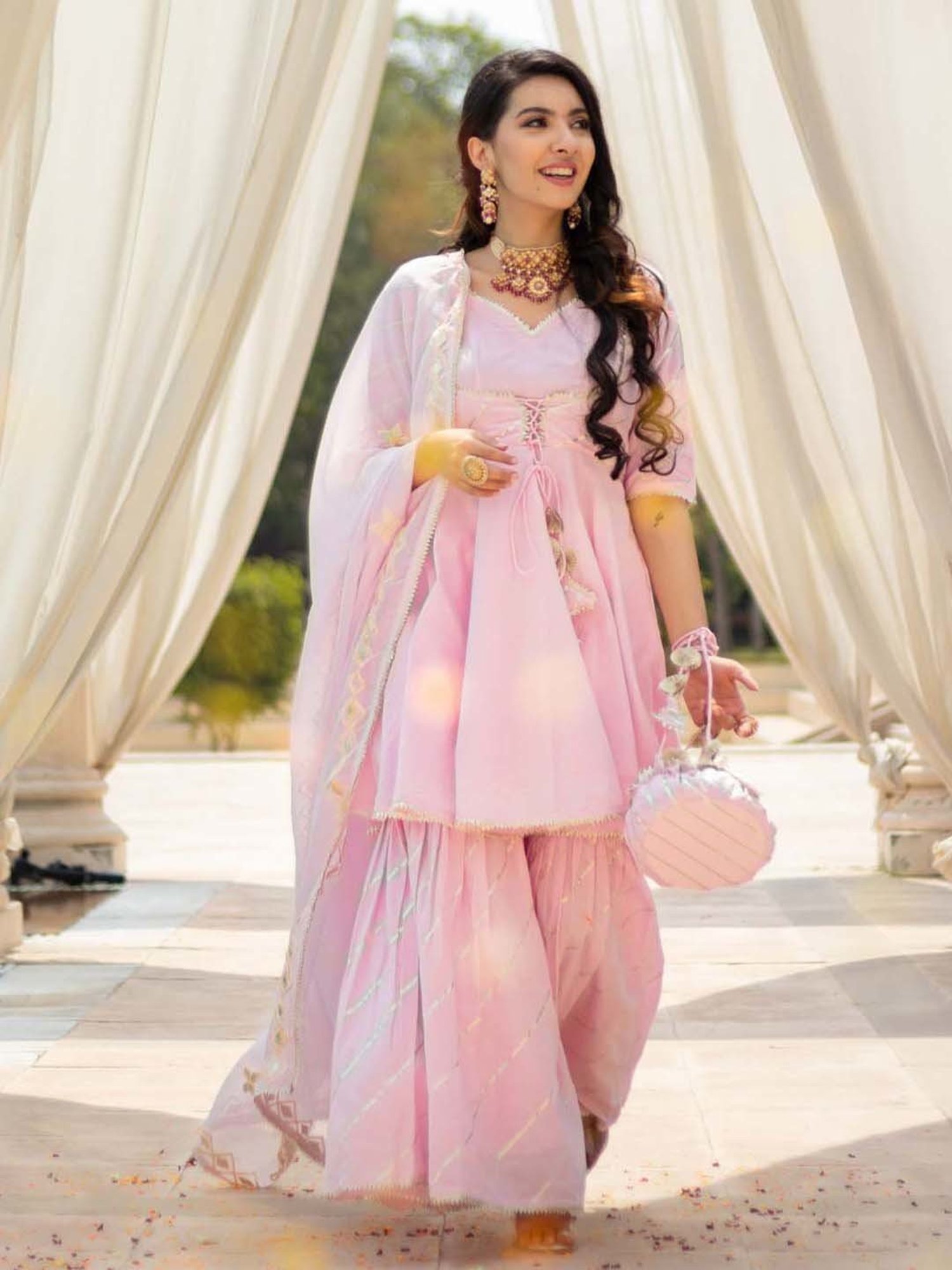 AACHHO Pink Cotton Kurti Sharara Set With Dupatta