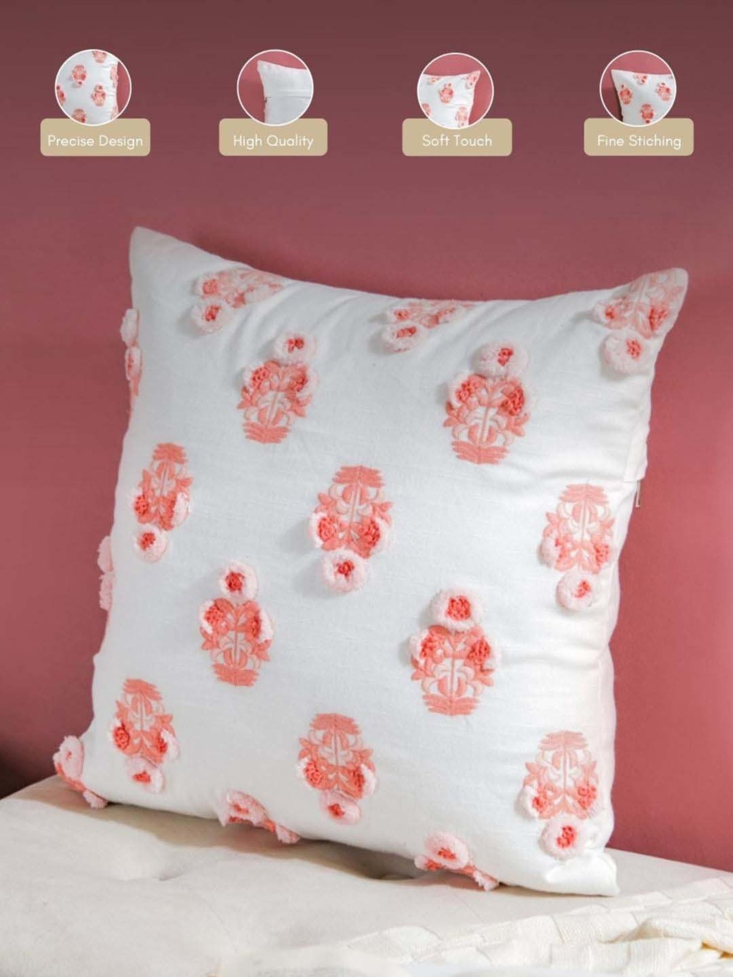 Nestasia Premium Quality Handcrafted & Artisanal Floral Motif Cotton Peach Cushion Cover(16" X 16")