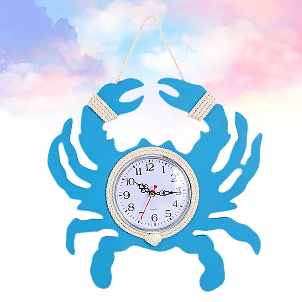 1pc Wooden Crab Wall Clock Silent Wall Clock Non-ticking  Mediterranean Style Wall Clock without Battery (Sky-blue)