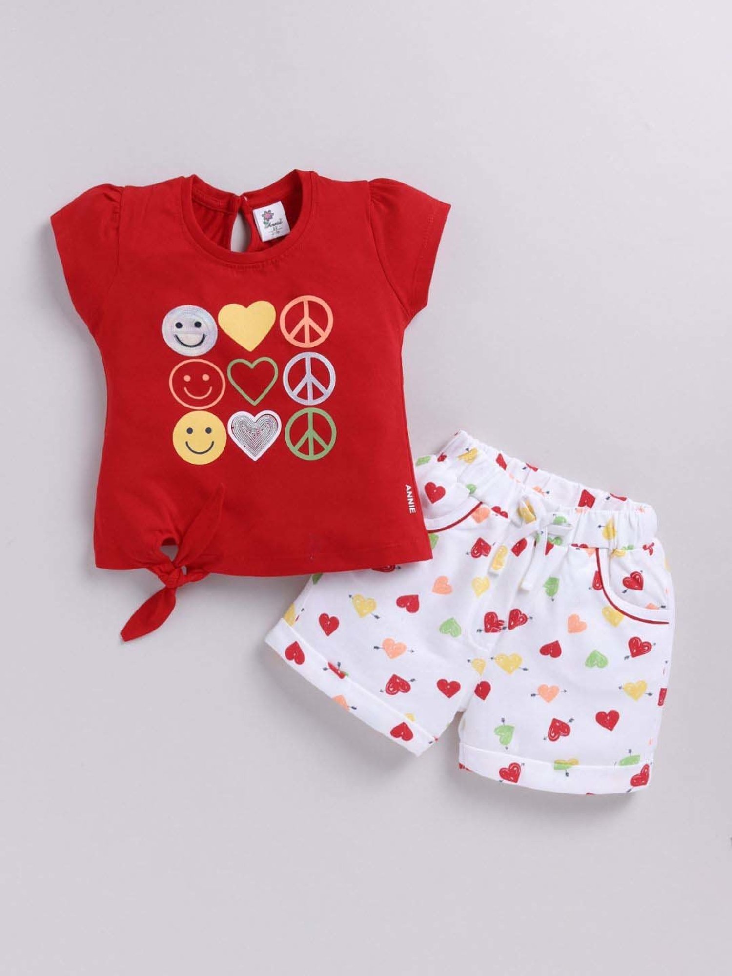 ANNIE Girls Red & White Cotton Printed Top & Short sets