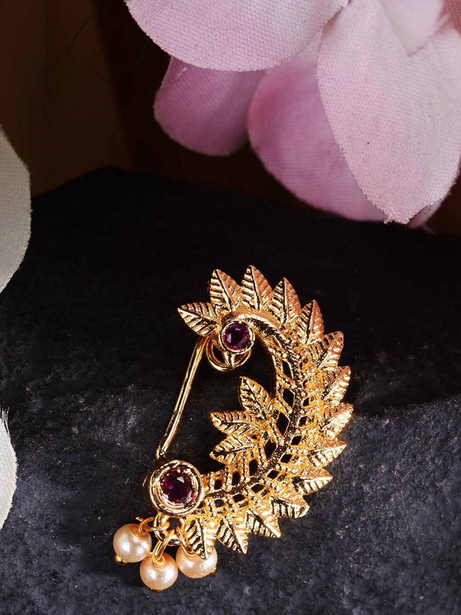 Saraf Rs Jewellery Gold Toned Red Stone Studded Marathi  Nath Nosepin
