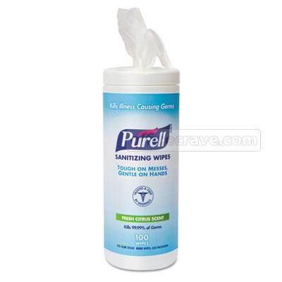 Gojo 911112CT Premoistened Sanitizing Wipes, Cloth, 5.78 in. x 7 in., 100-Canister, 12 Canisters-CT