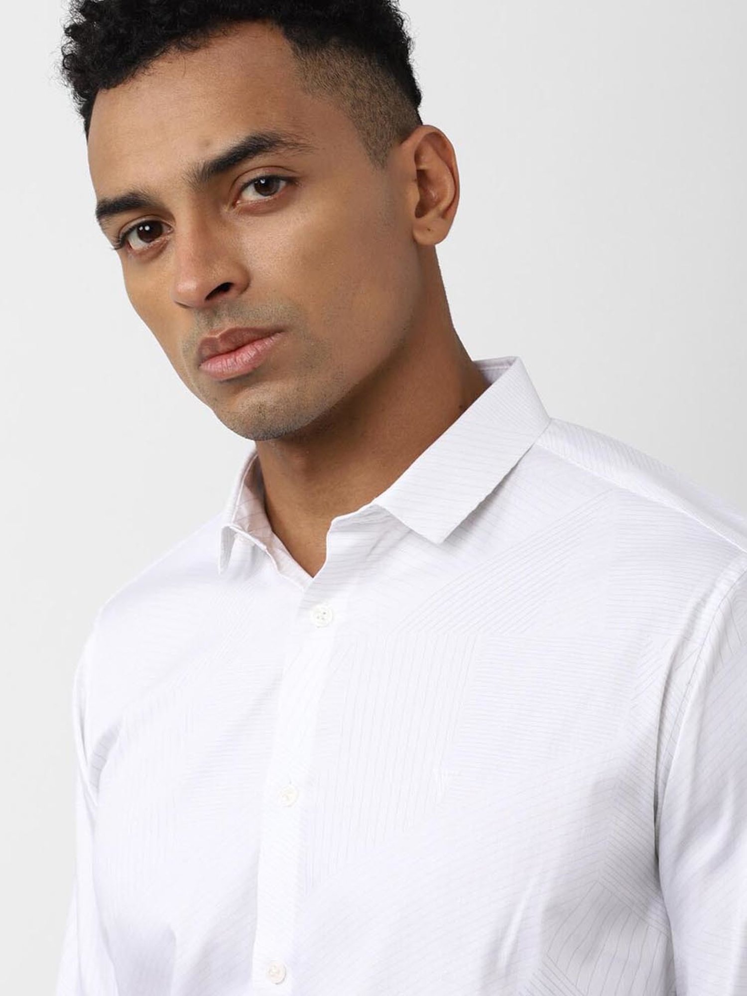 V Dot White Slim Fit Self Pattern Shirt
