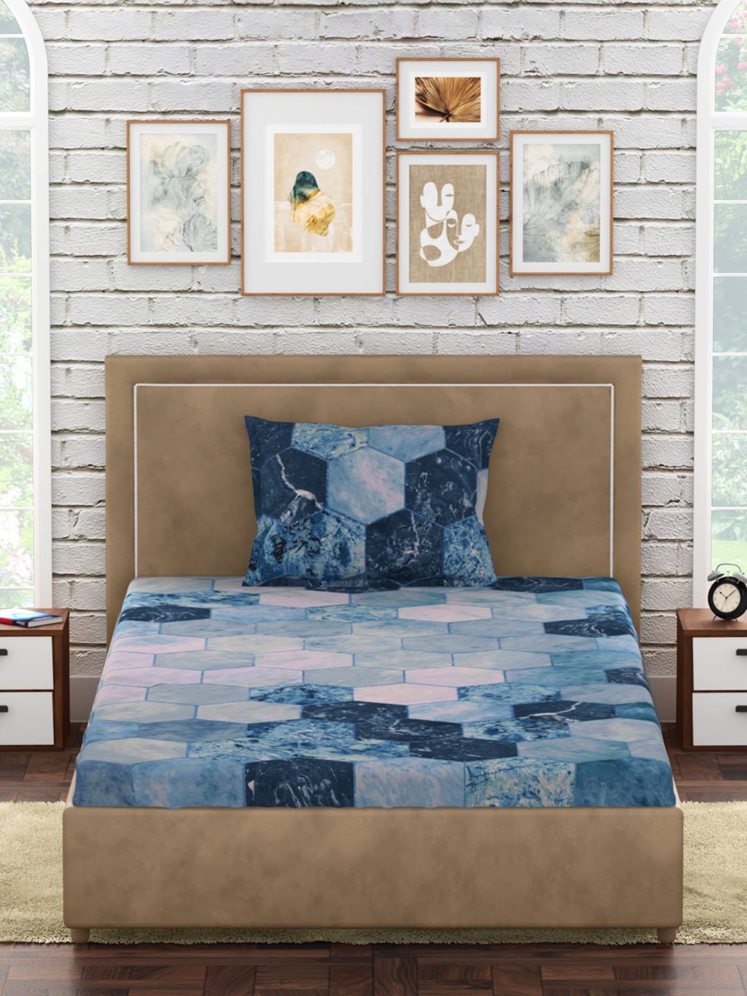 Petal Home Hexagon Geometric Blue 300 TC Cotton Single Bed Sheet with 1 Pillow Cover