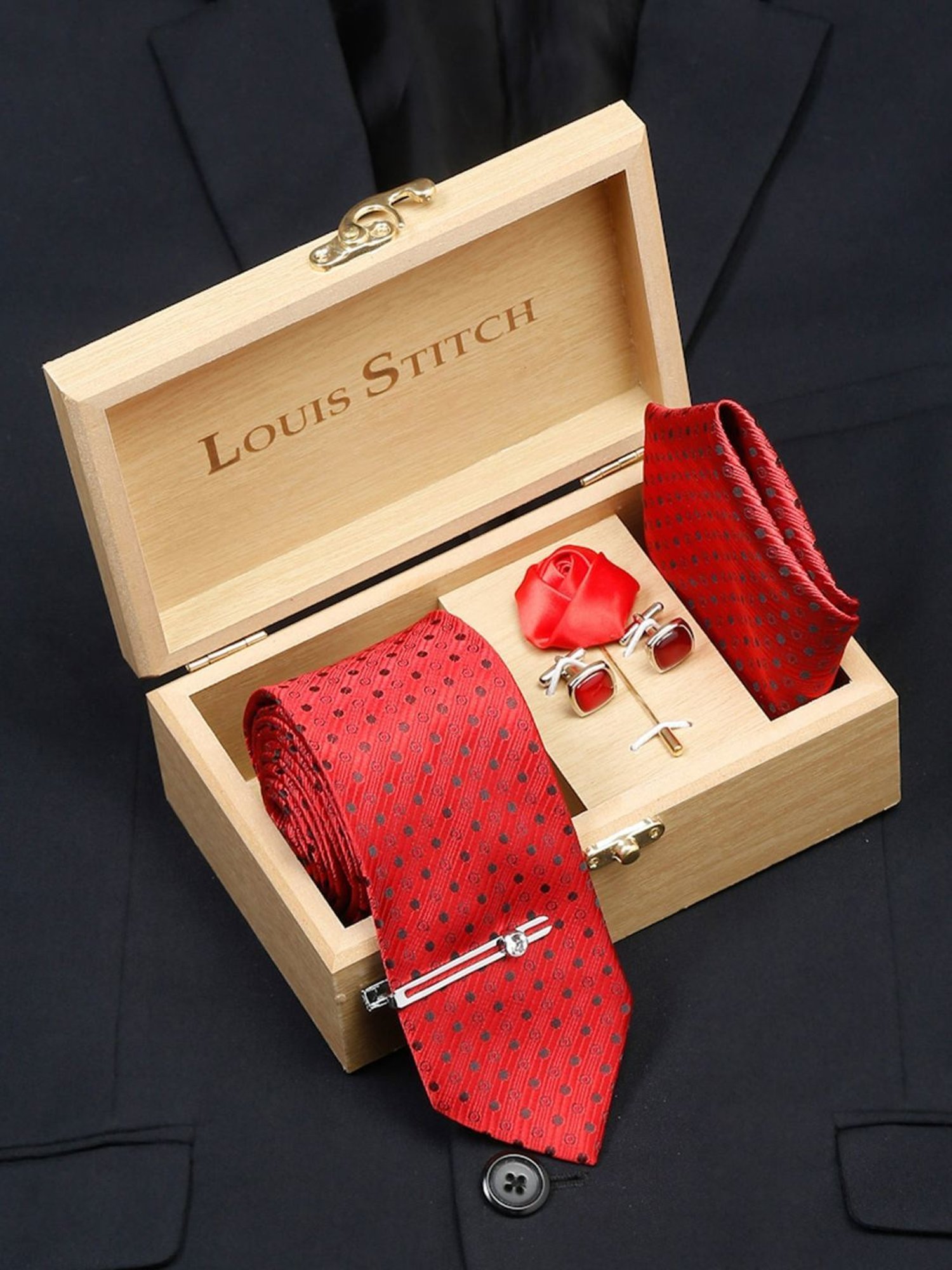 Louis Stitch Red Embroidered Necktie Gift Set - Set of 5