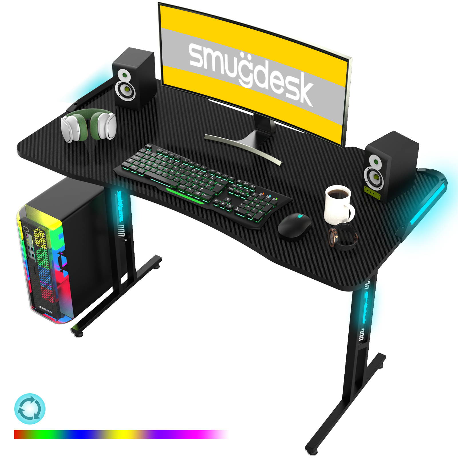 SMUGDESK 47.24" x 23.6" Gaming Desk Racing Style Computer Desk Ergonomic Game Table with Dynamic RGB LED Lights T-Shaped Gamer Workstation for Home Office
