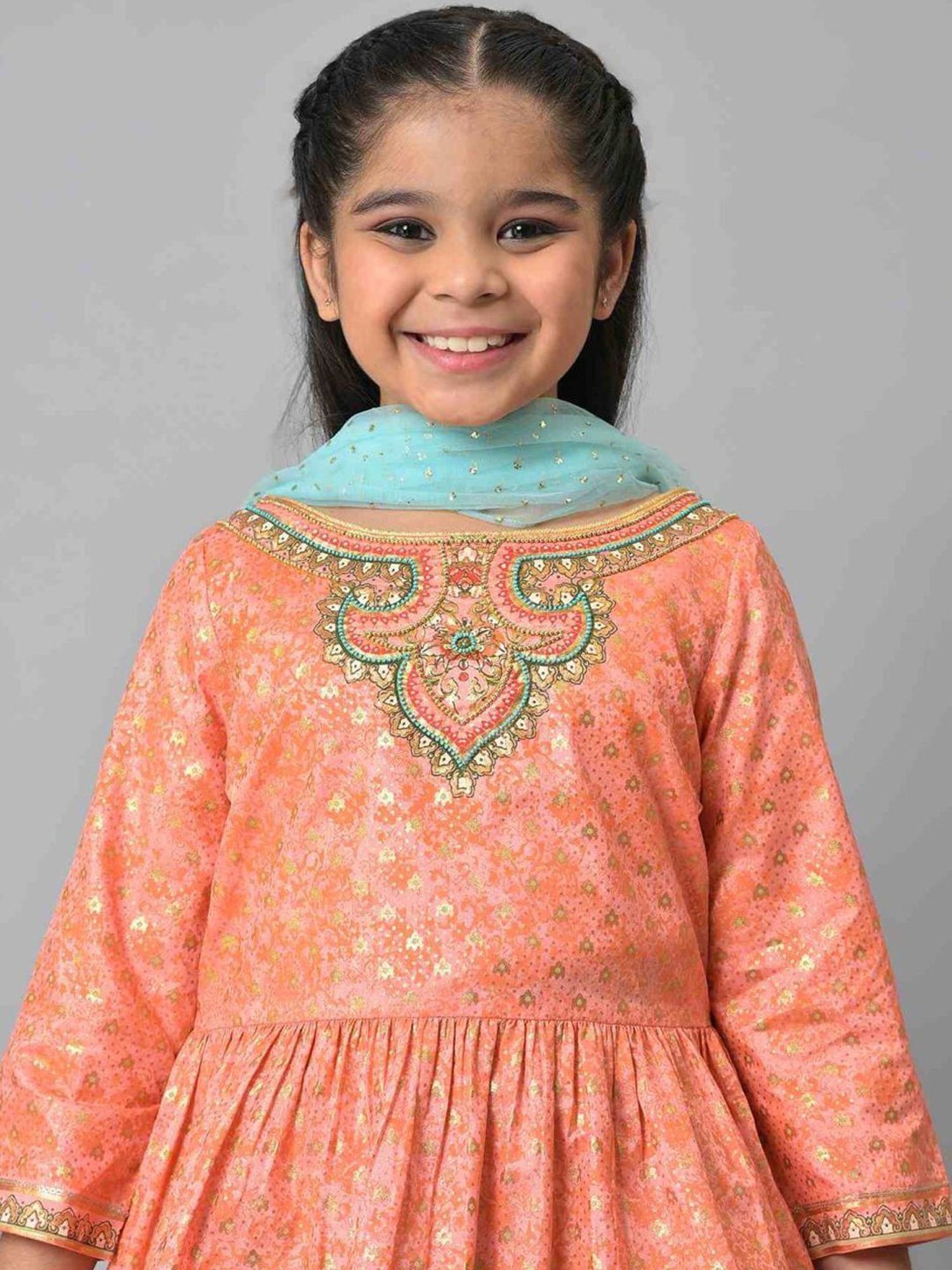 Aurelia Kids Peach & Blue Printed Full Sleeves Top Set