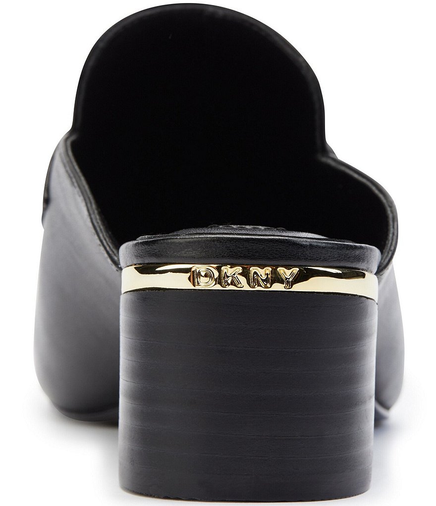 DKNY Rizz Leather Logo Hardware Strap Block Heel Mules