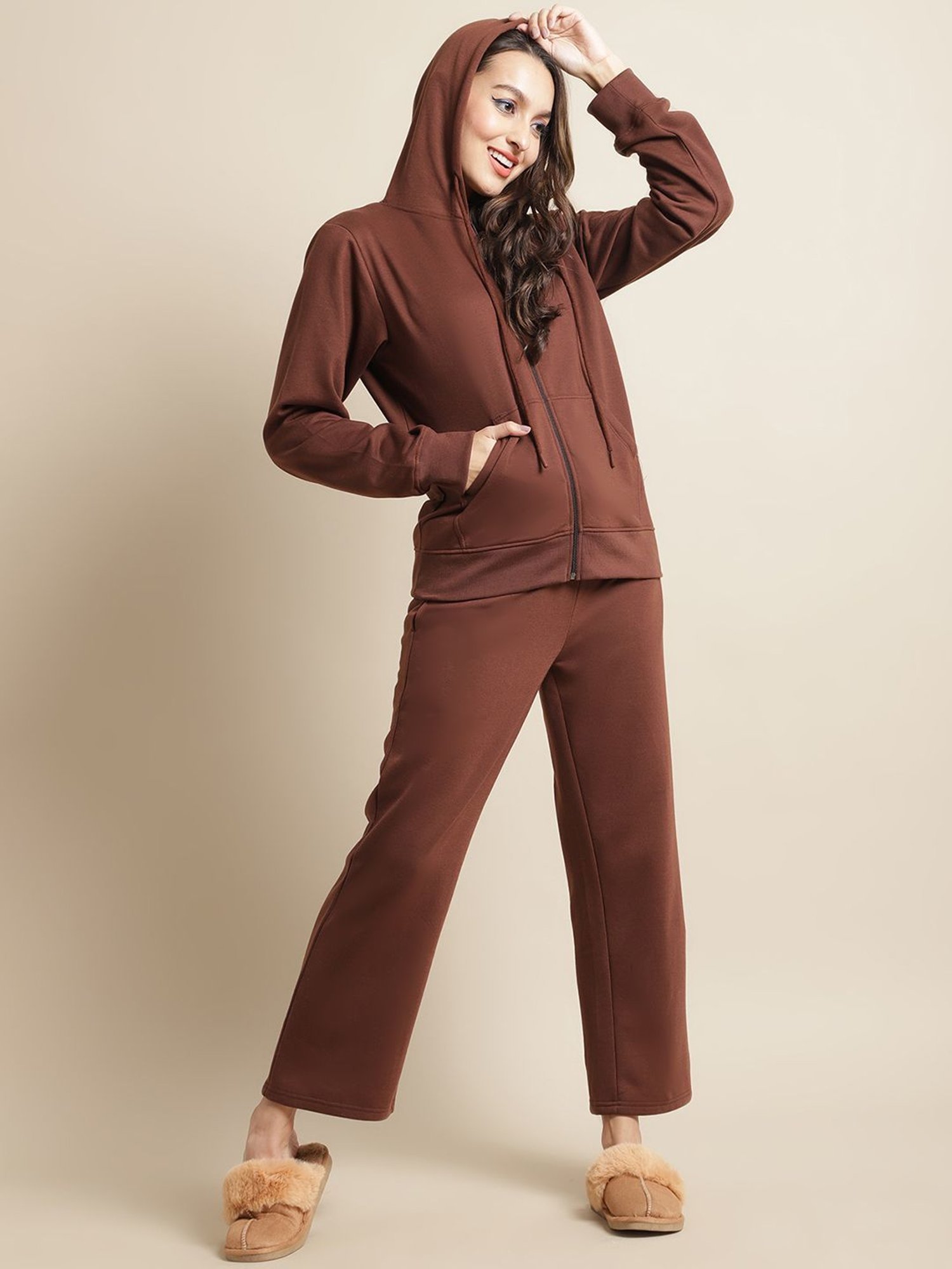 Secret Wish Brown Winter Hoodie With Pyjamas