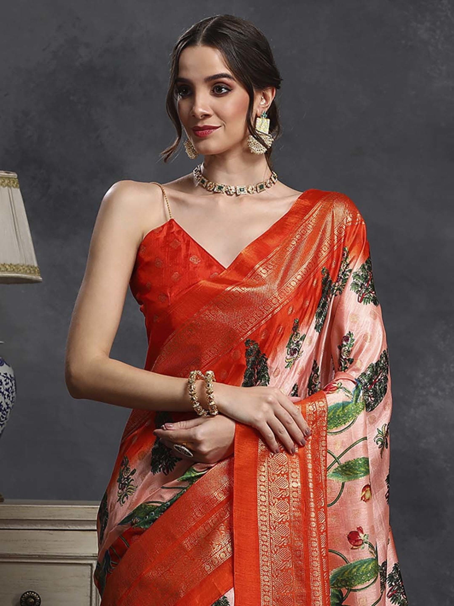 Saree Mall Pink & Orange Silk Printed Saree With Unstitched Blouse