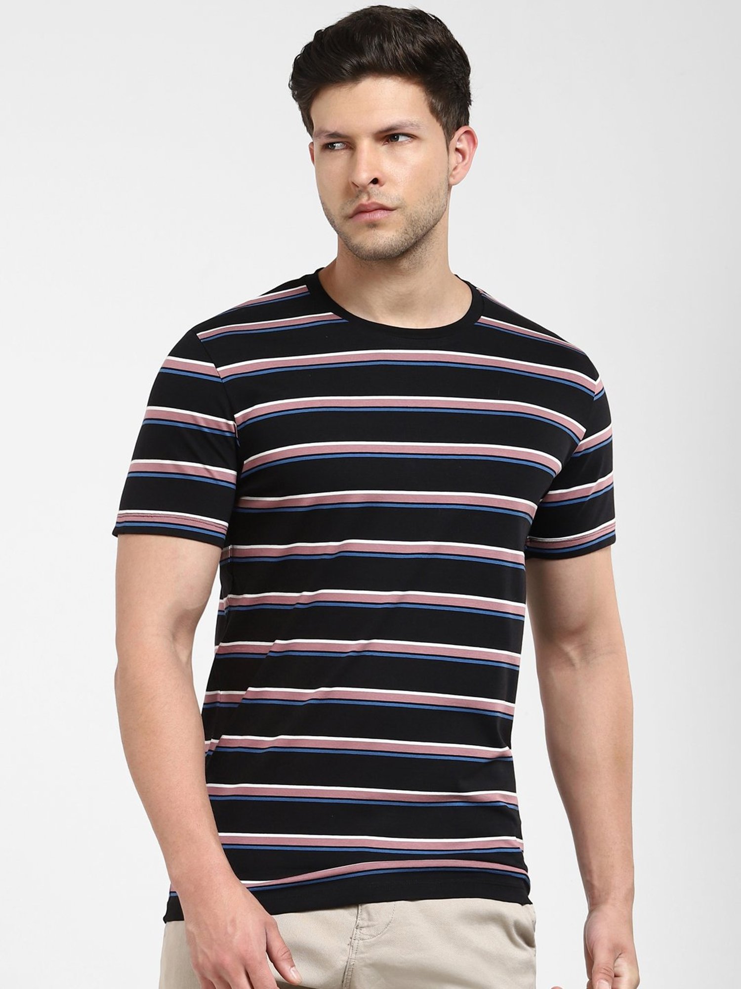 SELECTED HOMME Black Slim Fit Striped Crew T-Shirt