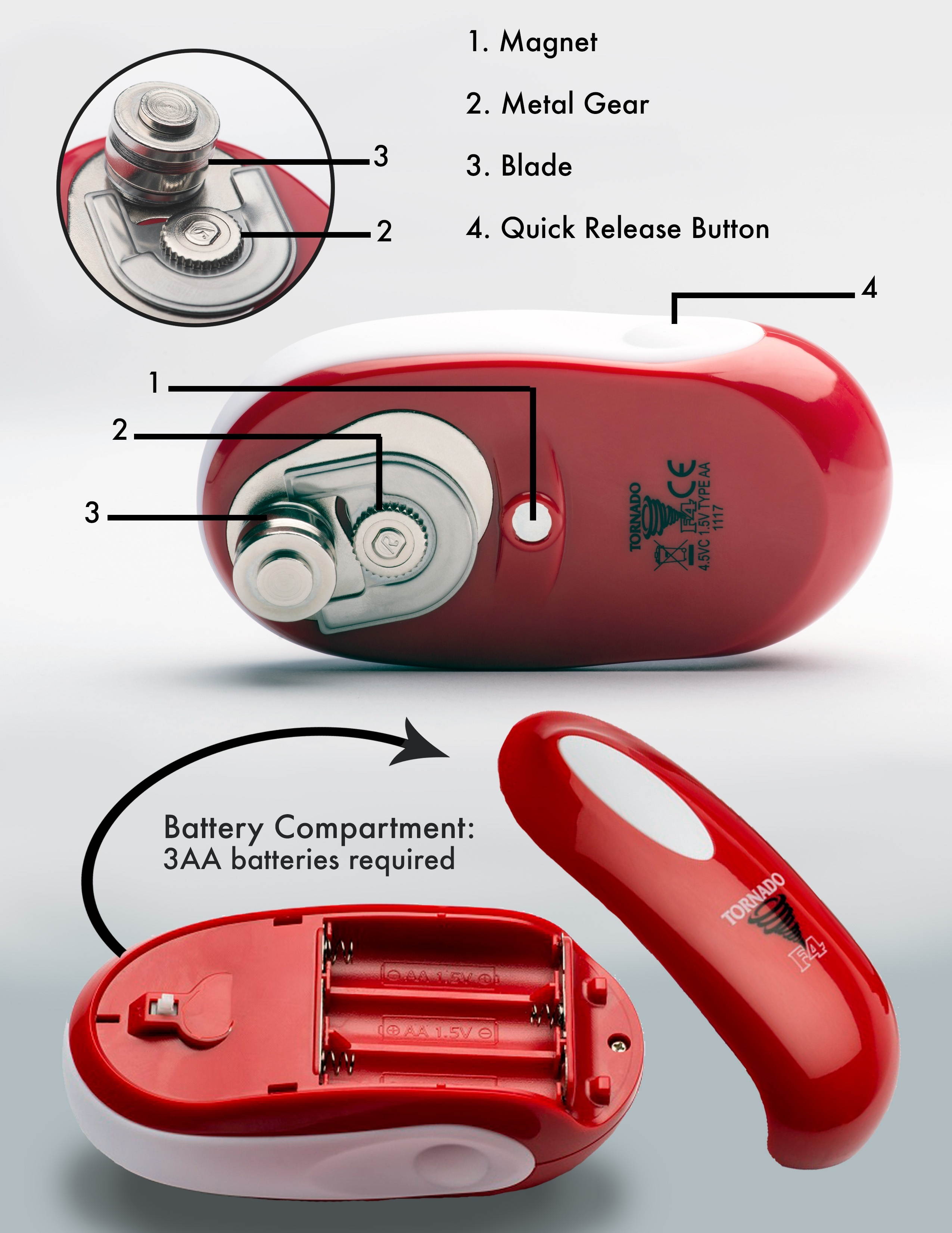 Tornado F4 Can Opener - New and Improved - Safest, fastest, Easiest Hands-Free Can Opener (Red)