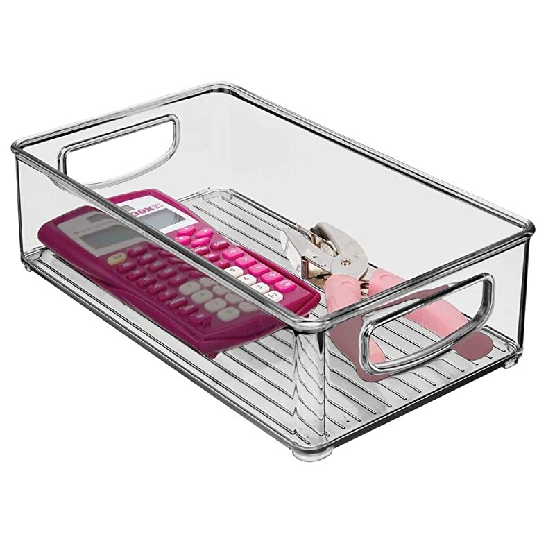 Stackable Plastic Home Office Storage Organizer Container with Handles for Cabinets, Drawers, Desks, Workspace - BPA Free - for Pencils, Highlighters, Notebooks - 6" Wide, 4 Pack - Smoke Gray