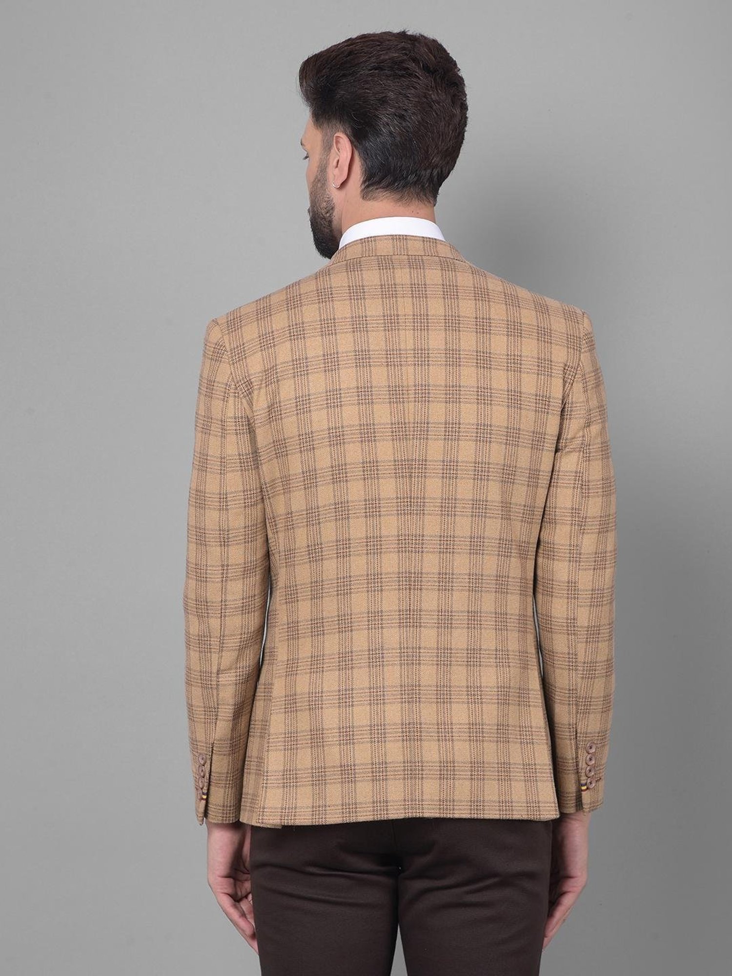 Crimsoune Club Beige Slim Fit Checks Blazer