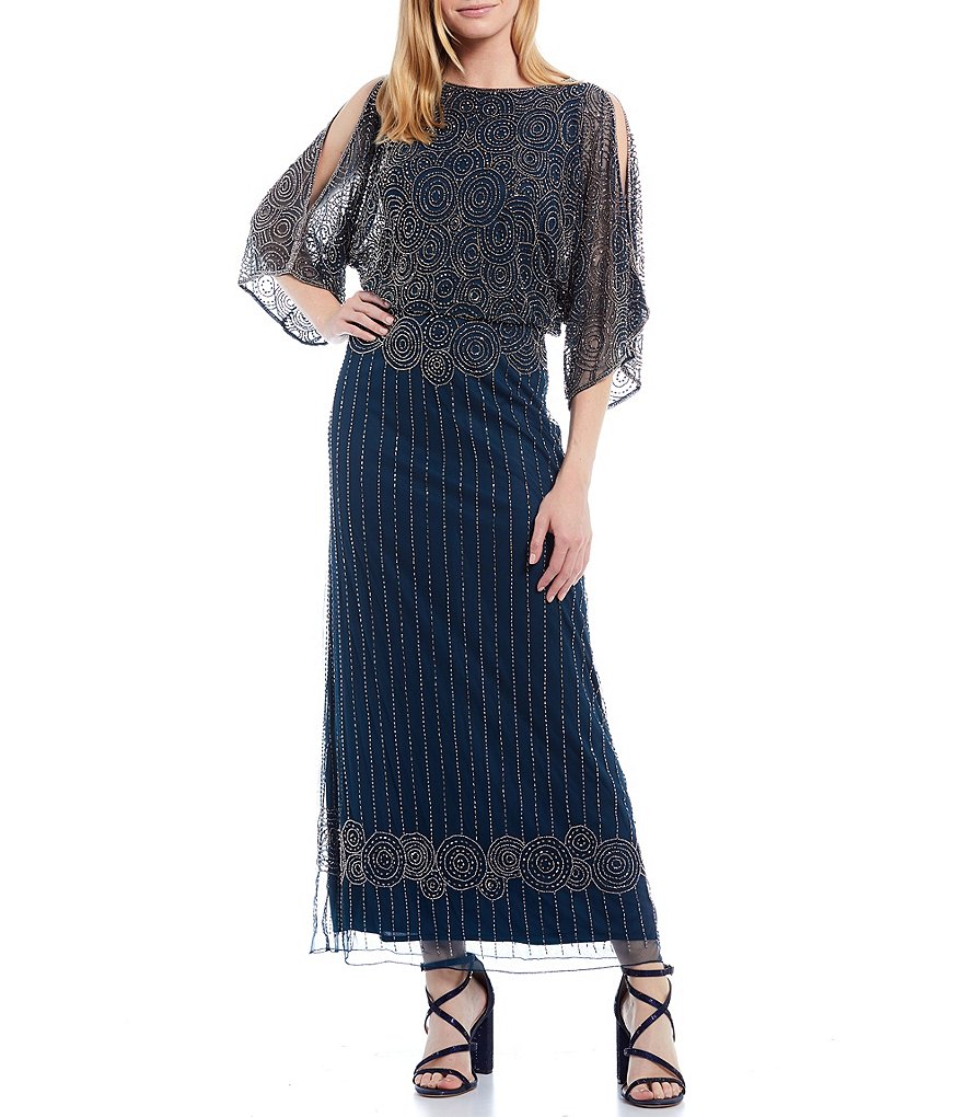 Jkara Petite Size V-Neck 3/4 Sleeve Beaded Bodice Gown