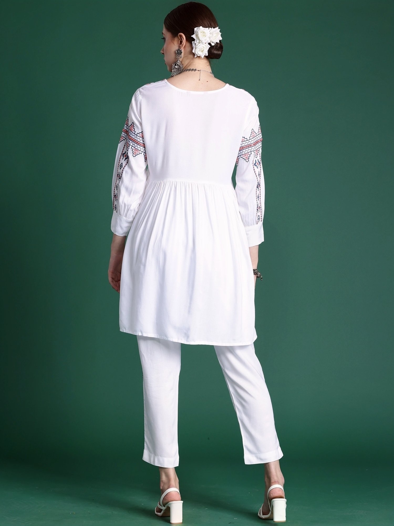 Indo Era White Embroidered Kurti Pant Set