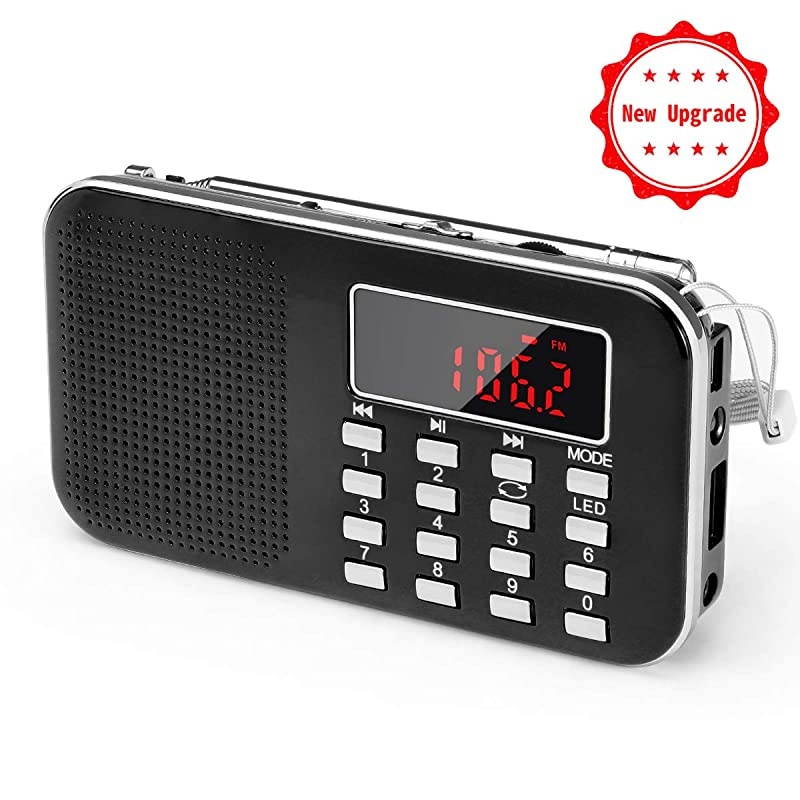Mini Portable Radio AM FM Pocket Radio with LED Flashlight, Digital Radio Speaker Support Micro SD/TF Card/USB, Auto Scan Save, 1200mAh Rechargeable Battery Operated, by [Latest Version]