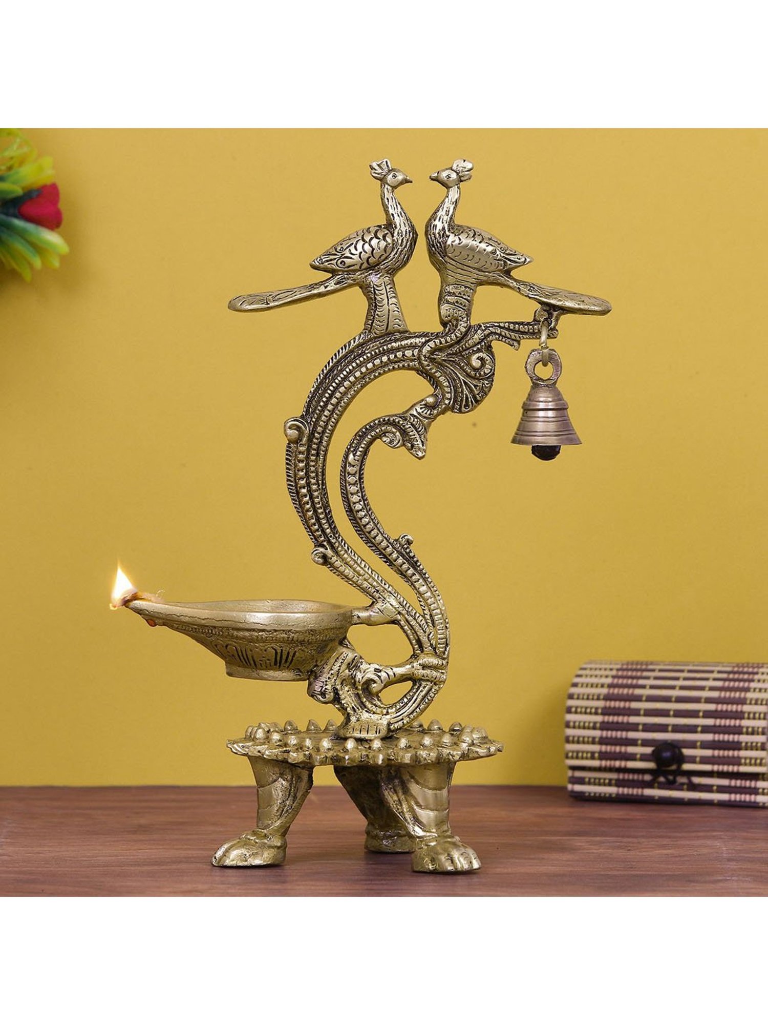 eCraftIndia Antique Finish Decorative Handcrafted Brass Peocock Couple Diya with Bell and Stand