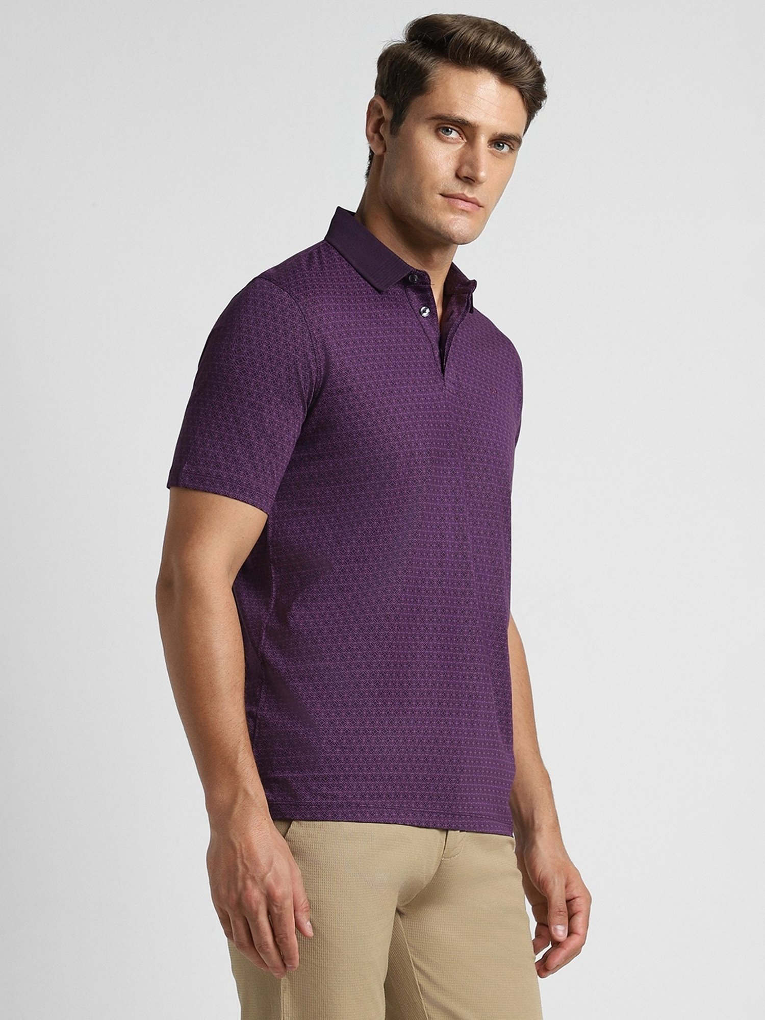 Peter England Purple Cotton Regular Fit Printed Polo T-Shirt