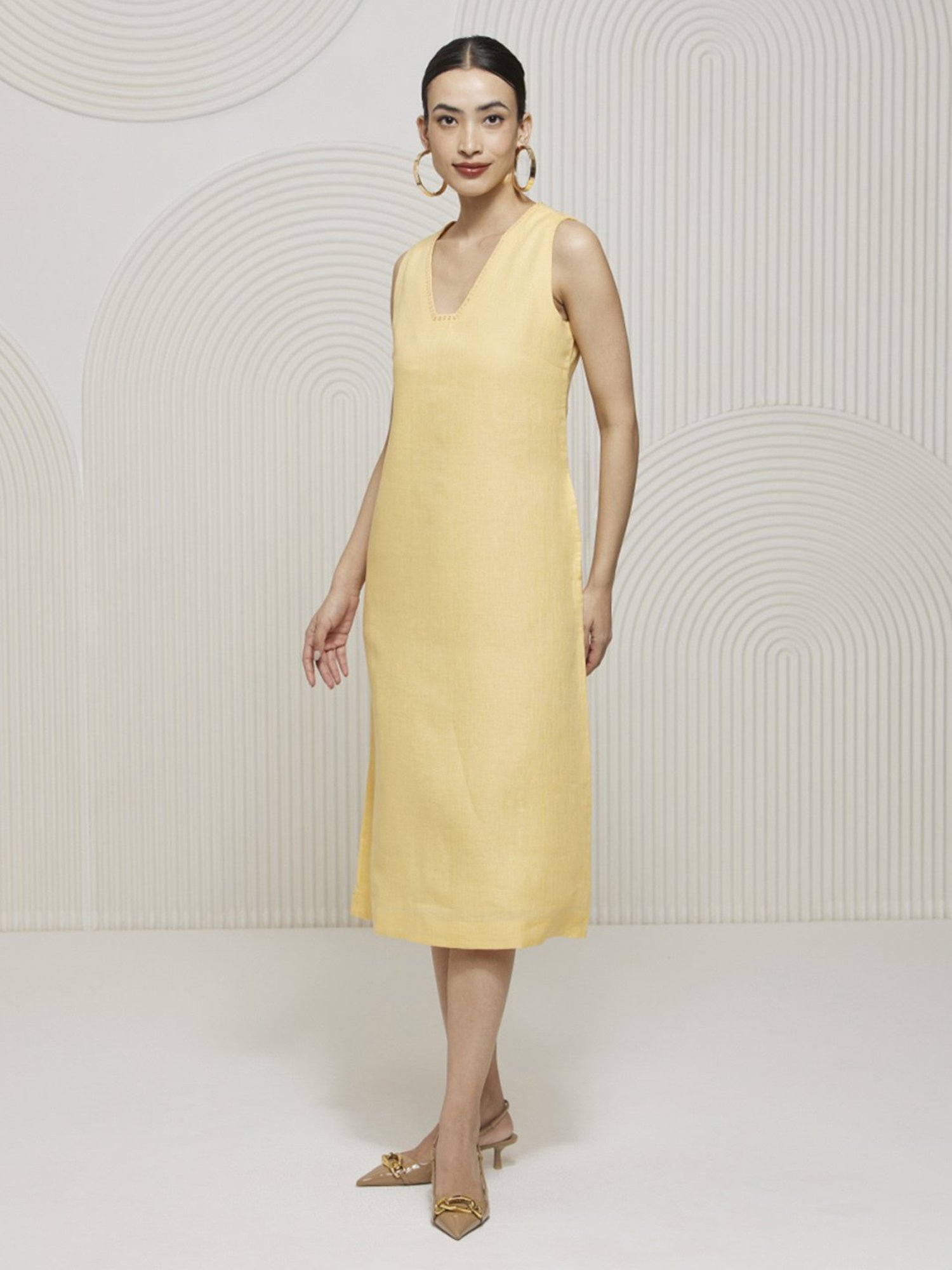 Artagai Yellow Kantha Relaxed Fit Dress with Bucket Neckline