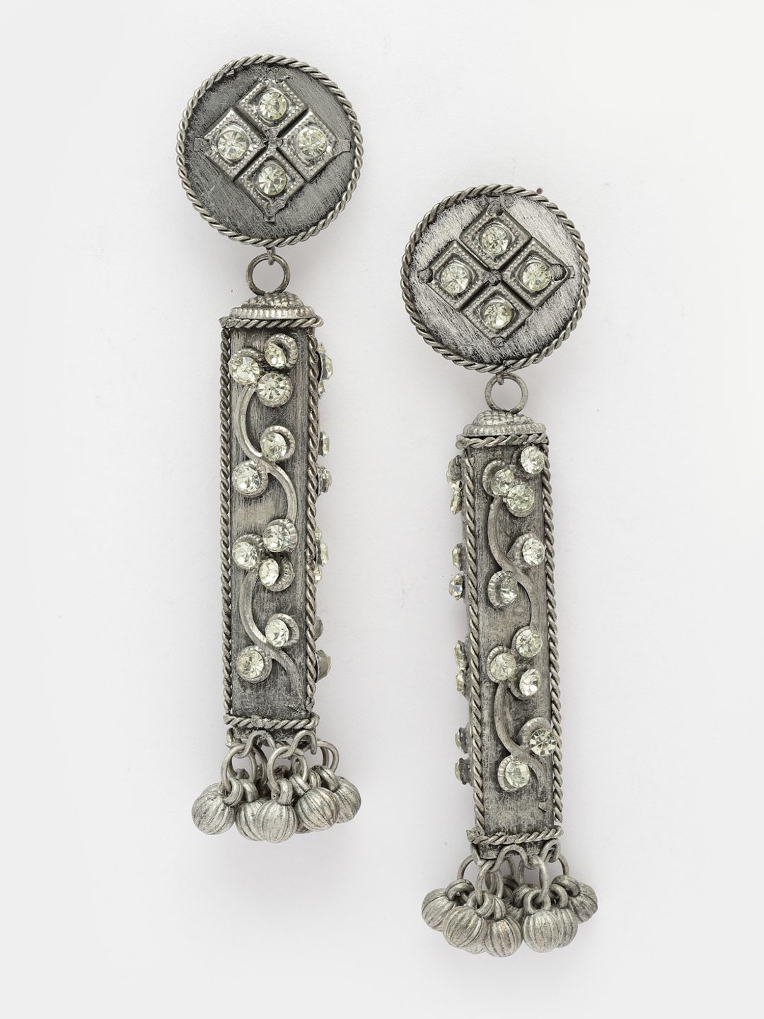 Moedbuille Ghungroo and Crystals Antique Tribal Design Oxidised Silver Plated Earrings