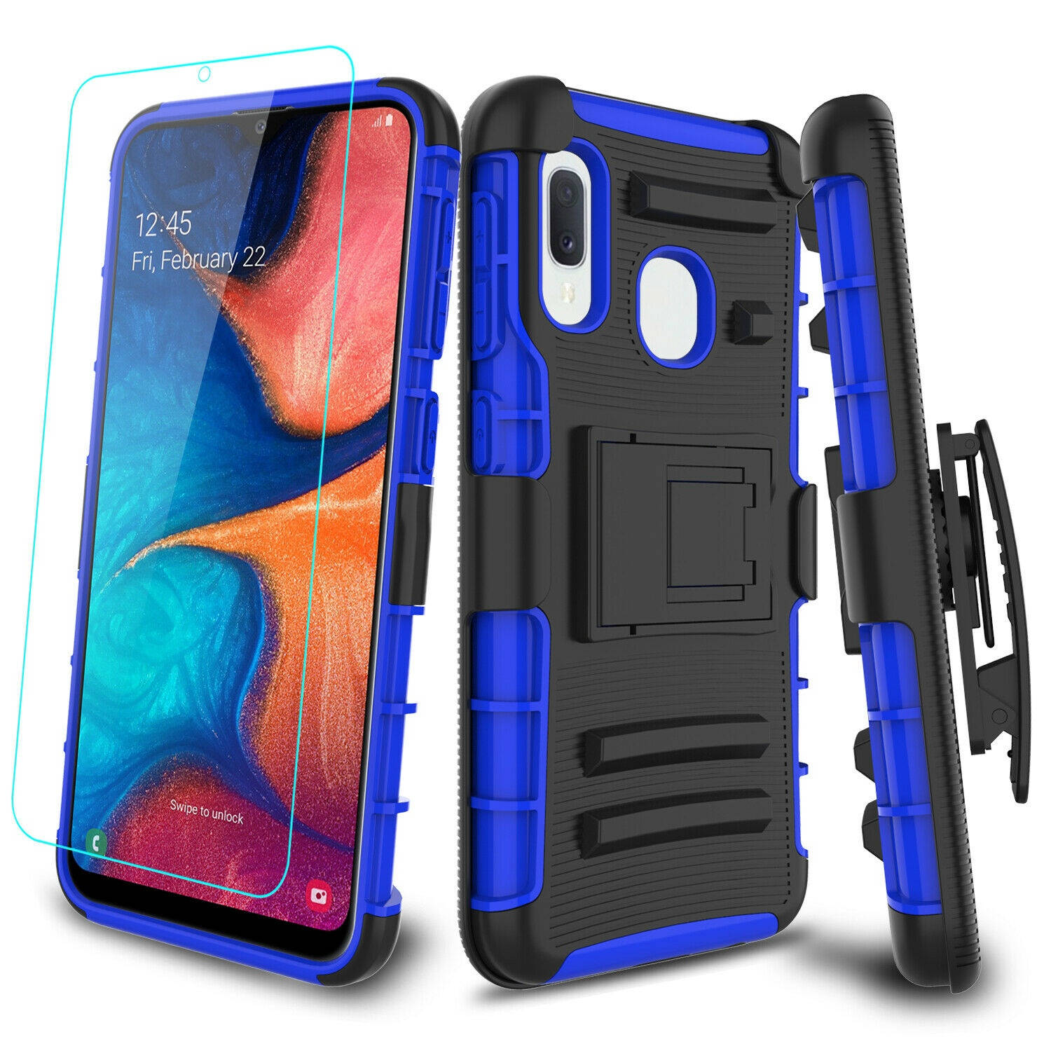 For  Galaxy A10e A20 Case Kickstand Belt Clip ,Tempered Screen Protector