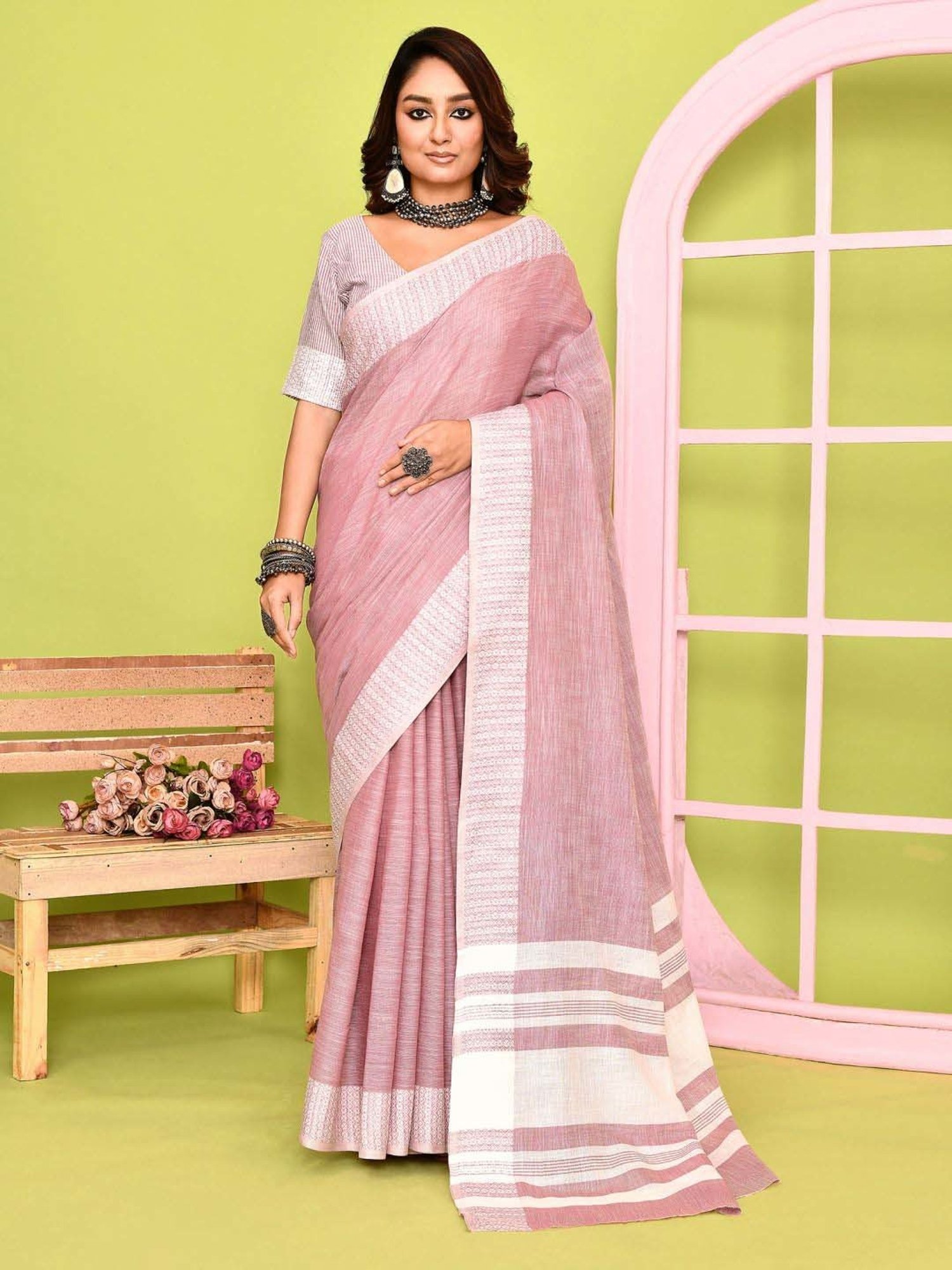 Elora Pink Silk Woven Saree With Unstitched Blouse