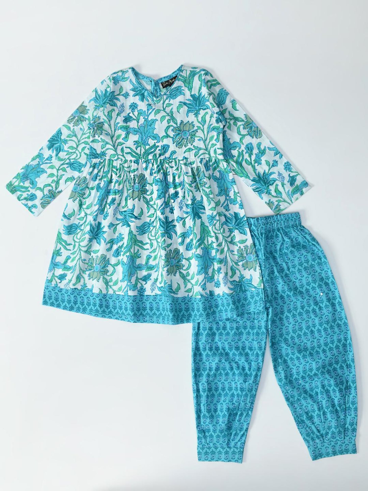 Bella Moda Kids Blue & White Printed Full Sleeves Kurti with Pants