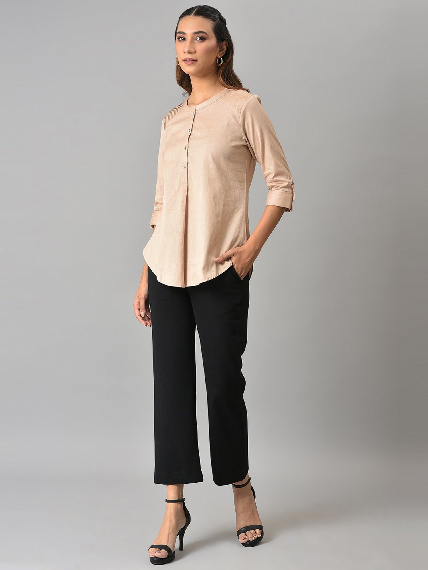 W Beige Cotton Regular Fit Top