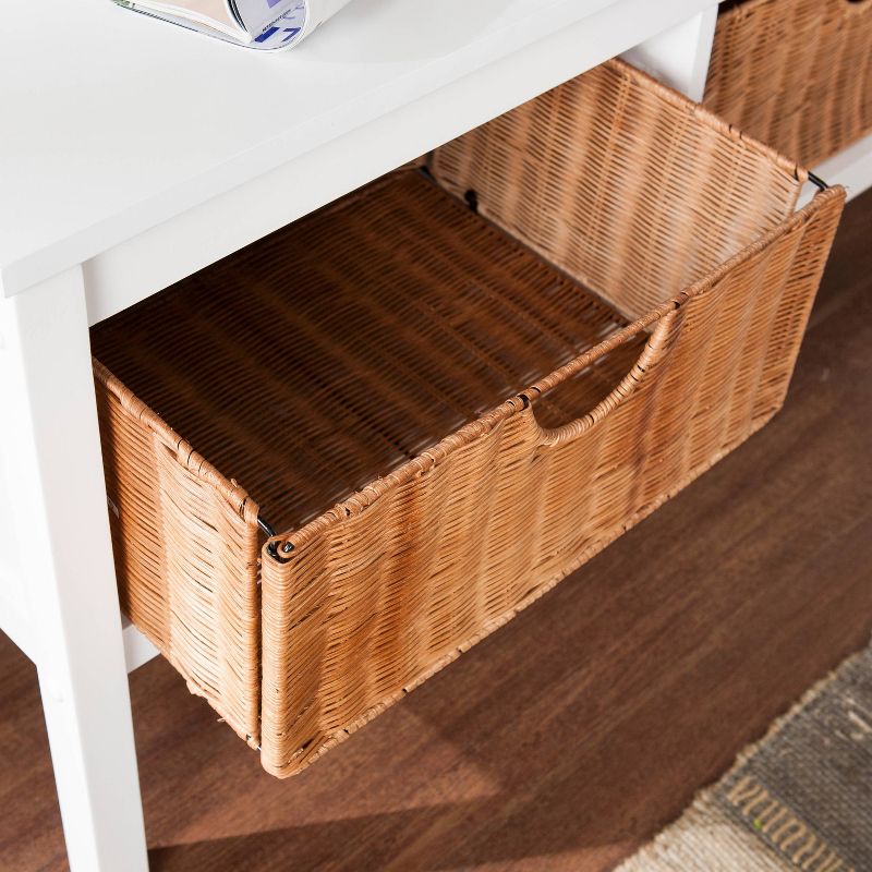 White Bench with Brown Rattan Baskets - Aiden Lane