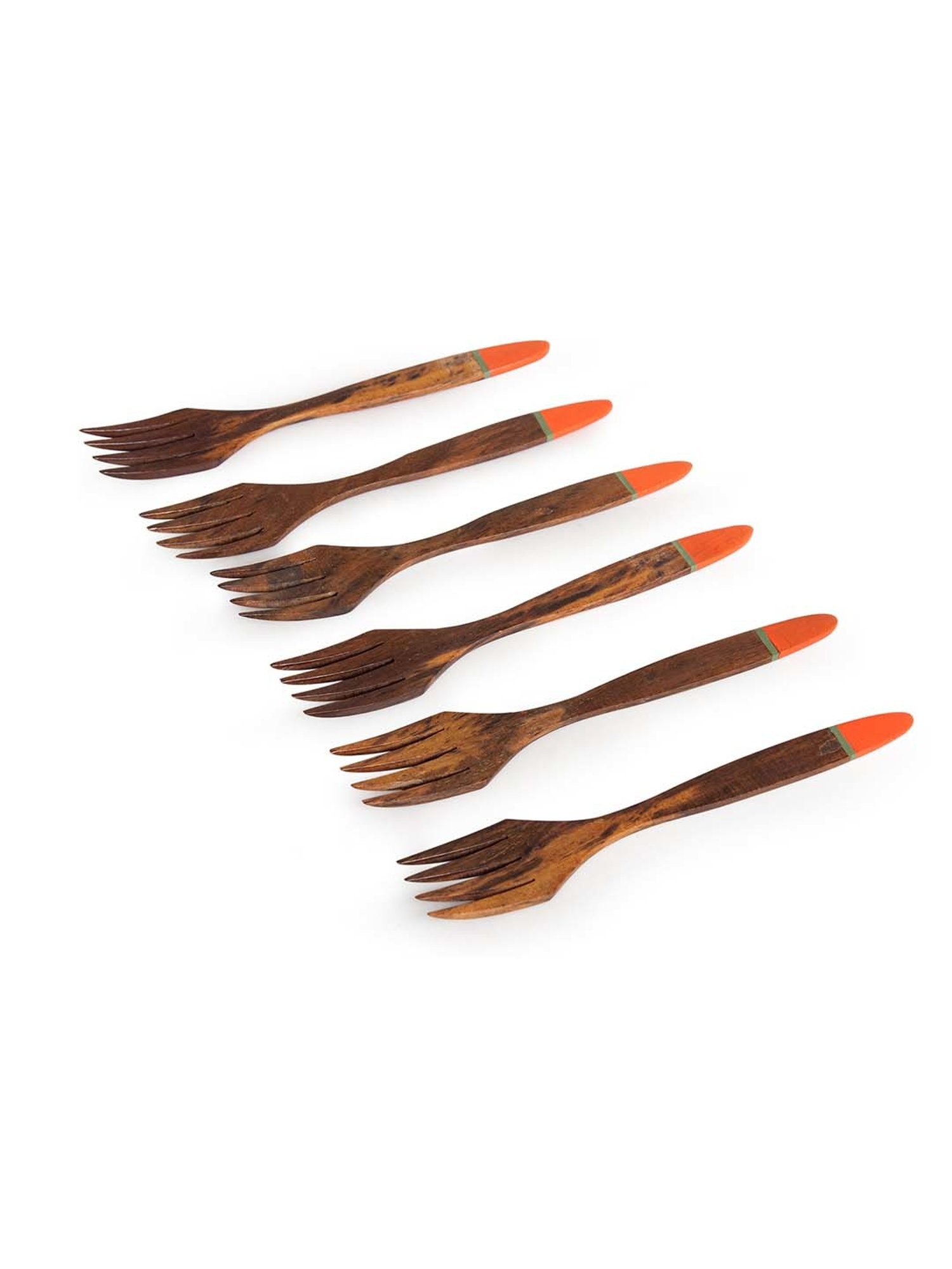 ExclusiveLane 'Tangerine Must-Haves' Hand-painted Table Forks In Sheesham Wood (Set of 6)