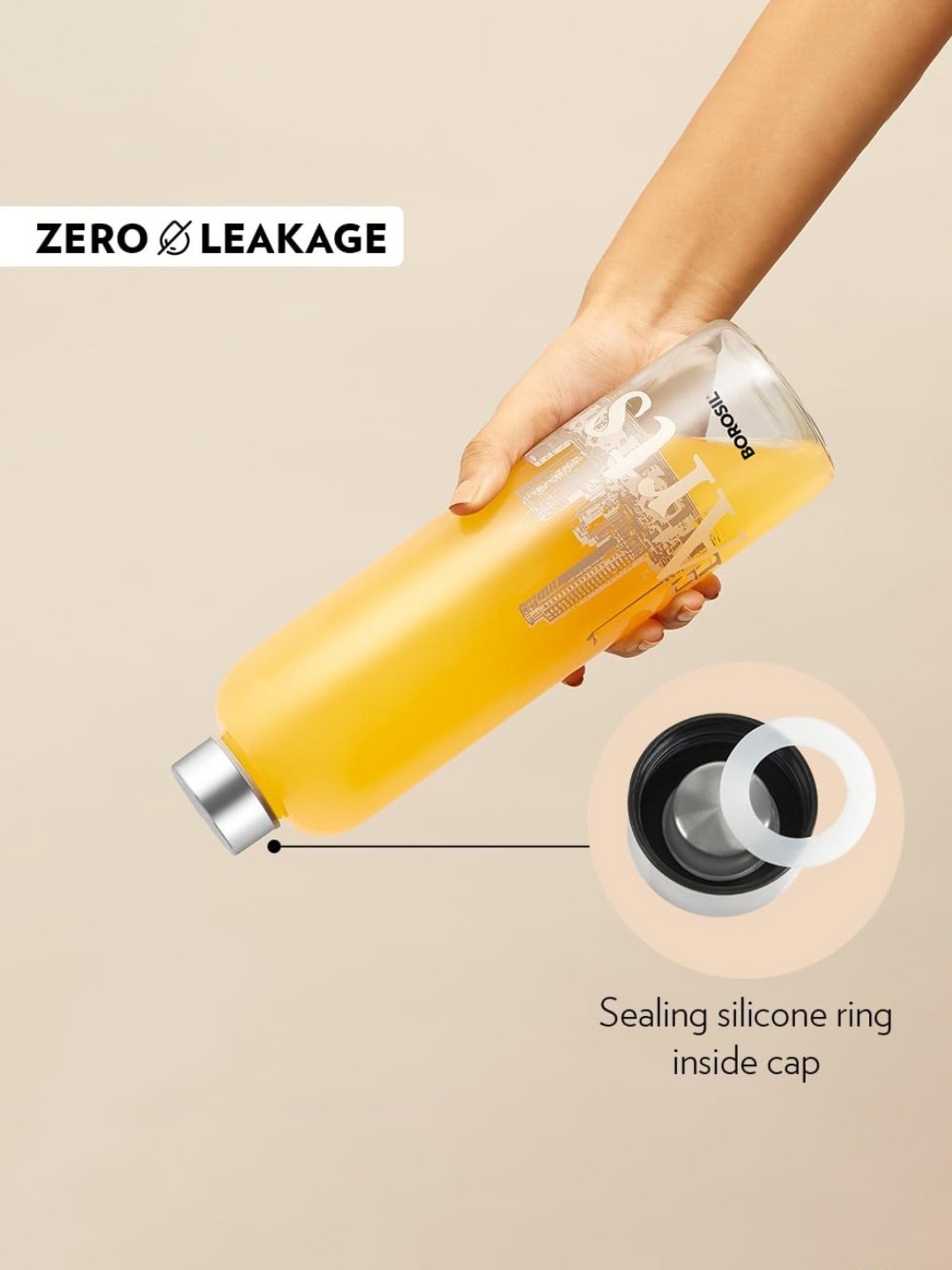 Borosil Water Bottle with Fridge Safe & Leakproof (Transparent, 550 ml)