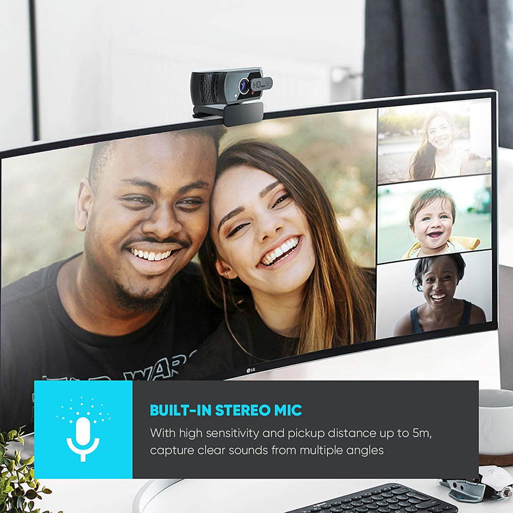 Full HD 1080p Webcam, Live Streaming Camera with Privacy Shutter for Video Calling, Online Classes, HD Light Correction, Works with Skype, Zoom, FaceTime, Hangouts, PC/Mac/Laptop/Smart TV