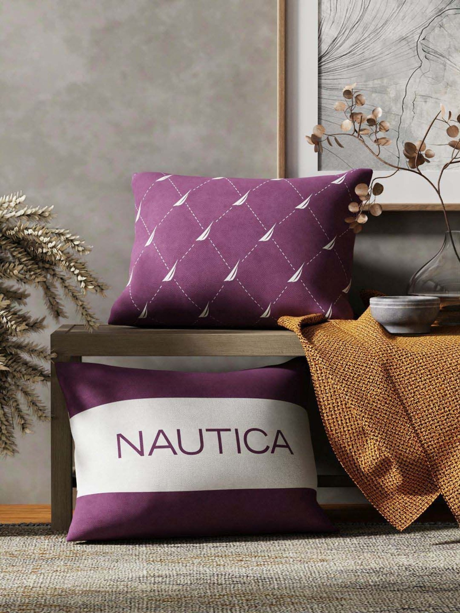 Nautica Logo Stripe Grape Microfibre 300 GSM Premium Cushion Covers - Set of 2