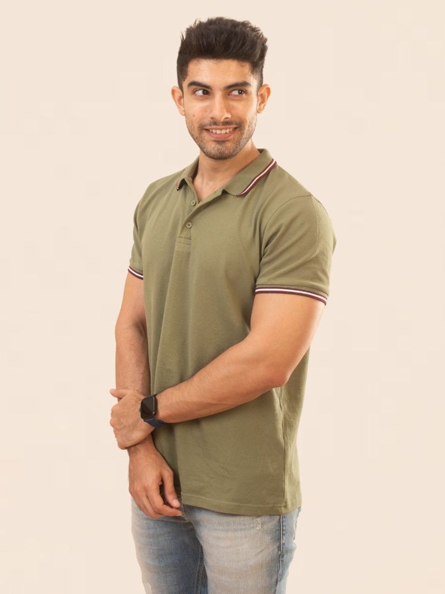 The Bleu Label Green Cotton Slim Fit Polo T-Shirt