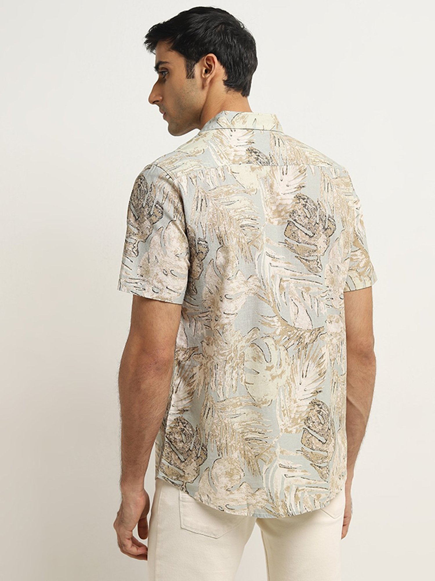 WES Casuals by Westside Beige Leaf Printed Slim-Fit Cotton Shirt