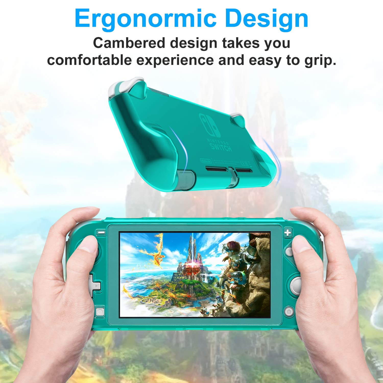 Crystal Clear Cover Case for Switch Lite, Ultra Slim Clear Hard PC Protective Case for Nintendo Switch Lite with a Glass Screen Protector and 8 Thumb Grips Caps (Turquoise)