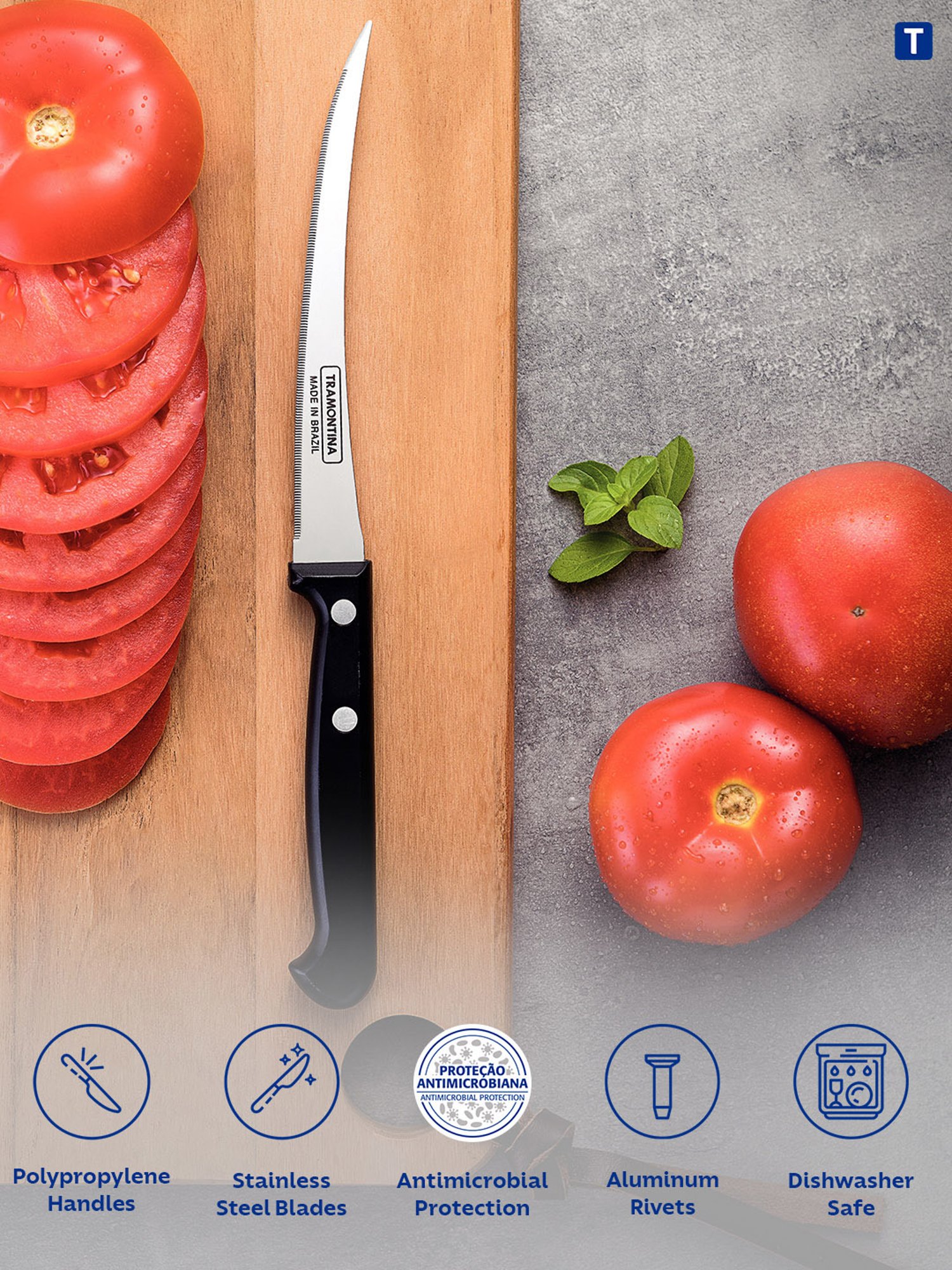 Tramontina Ultracorte Stainless Steel Tomato Knife Serrated Edge 4.7" Kitchen Knife Antimicrobial