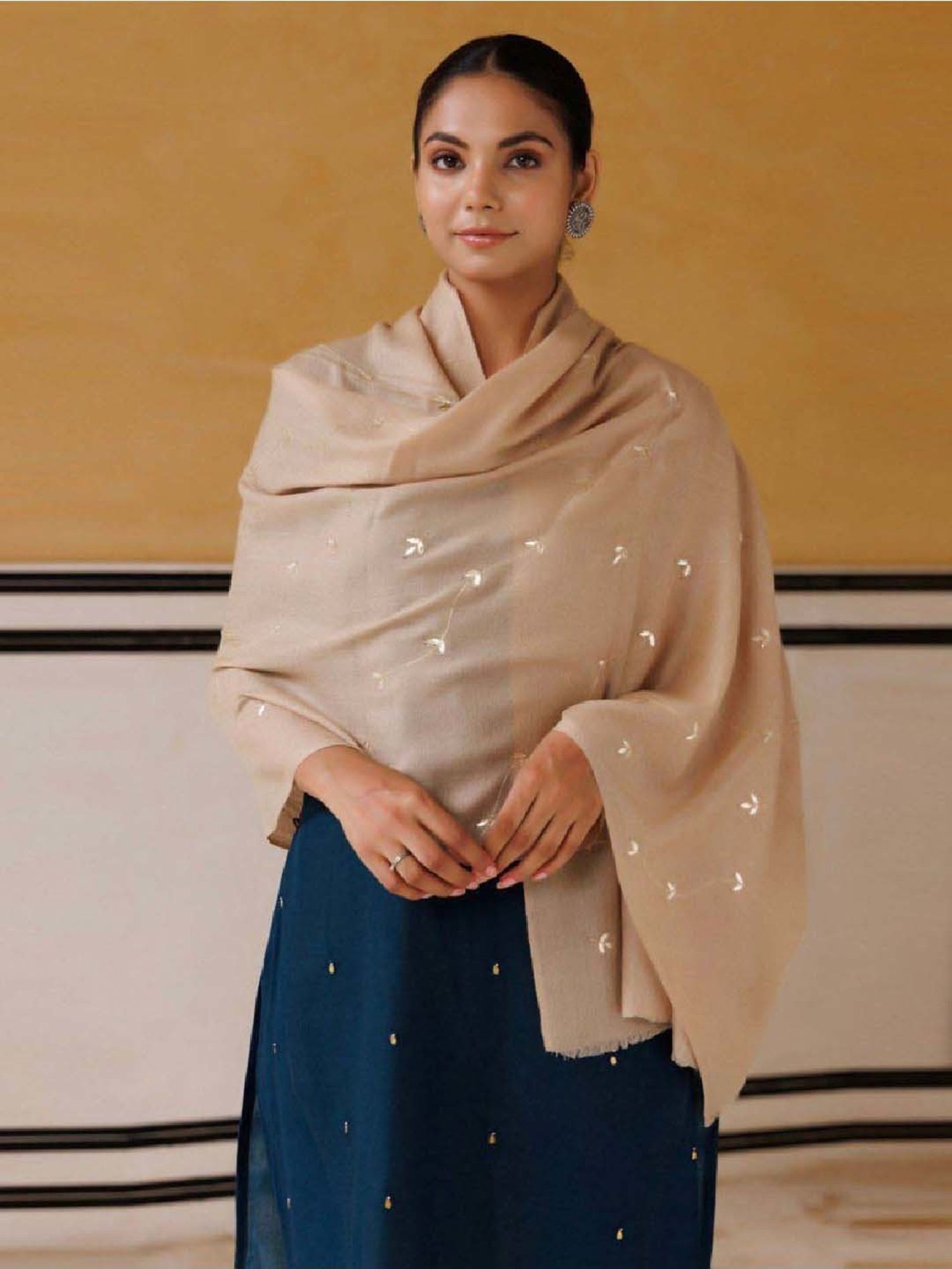 Geroo Jaipur Beige Hand Embroidered Gota Patti Woolen Shawl