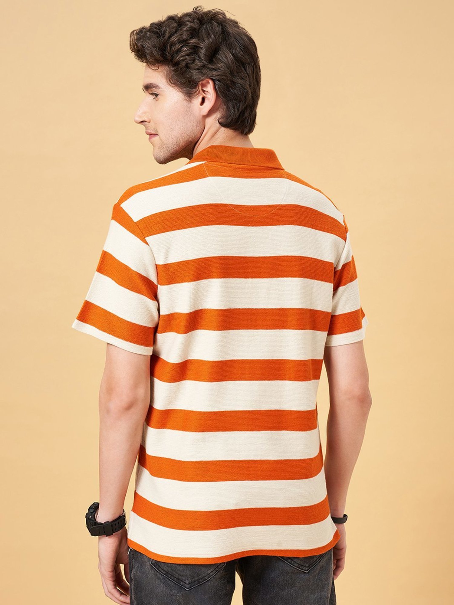 People by Pantaloons Golden Ochre Cotton Regular Fit Striped Polo T-Shirt