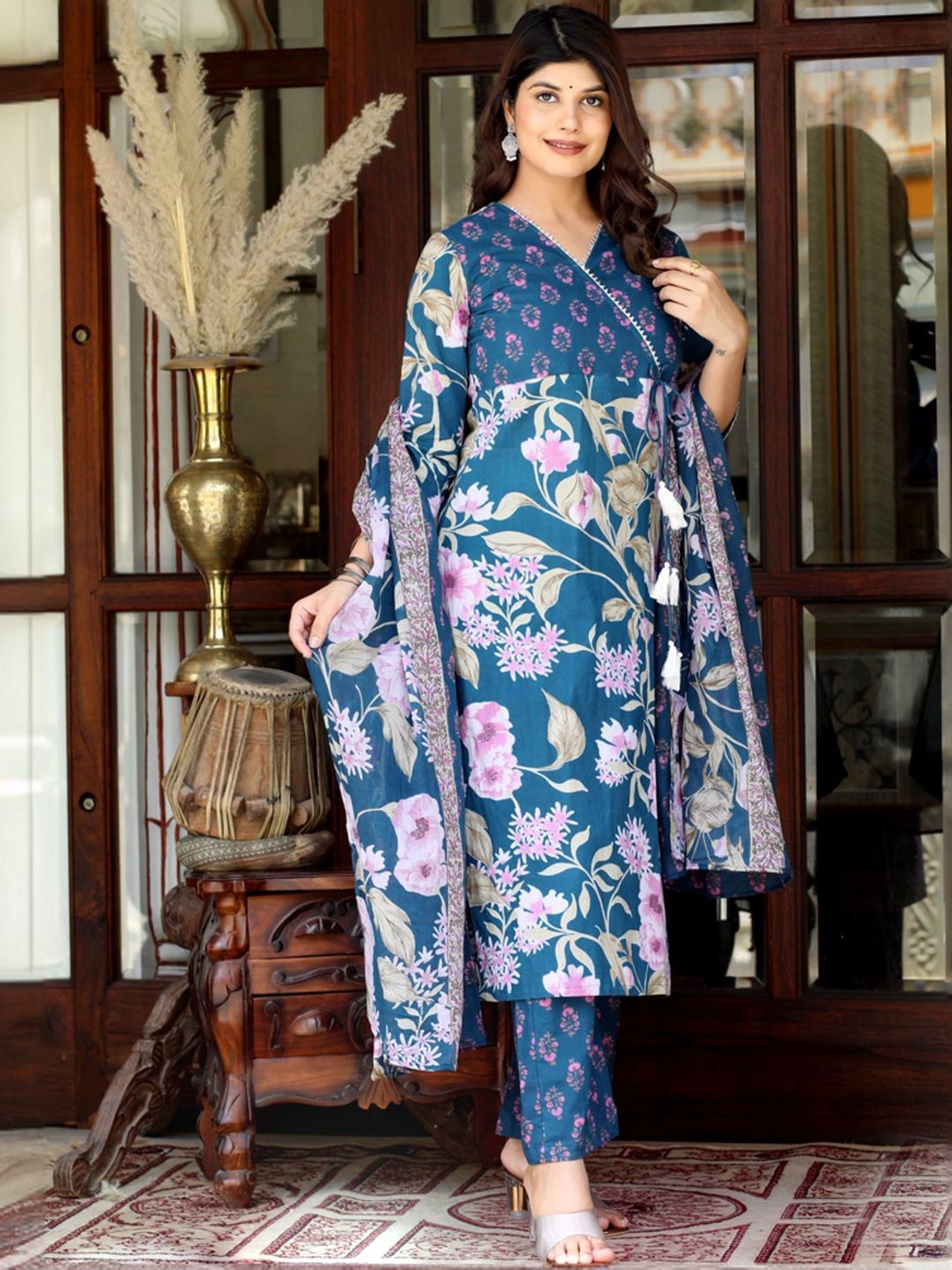 Miravan Blue Cotton Floral Print Kurta Pant Set With Dupatta