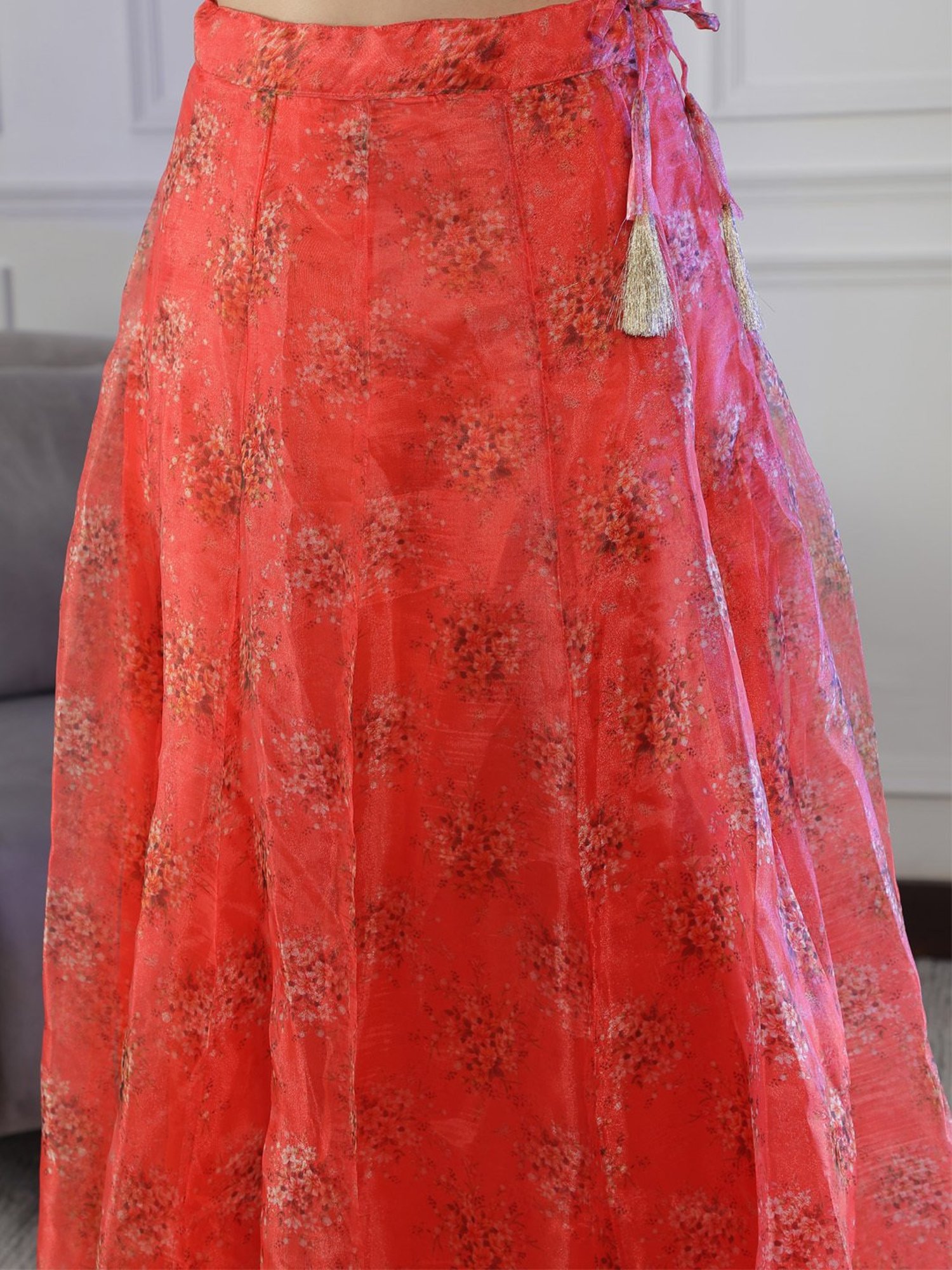 NEUDIS Red Floral Print Maxi Lehenga Skirt