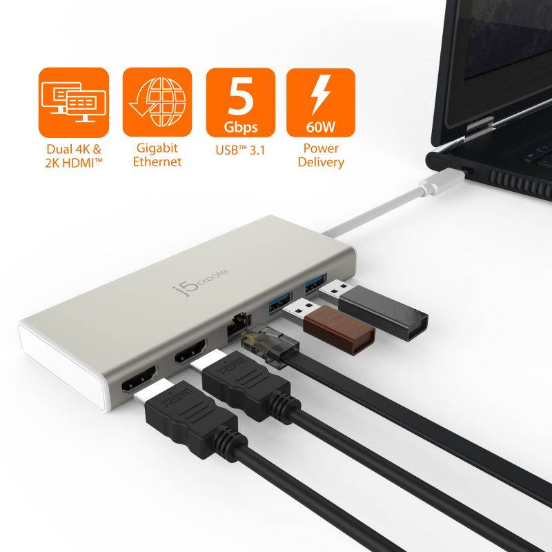j5create USB Type-C&trade; Dual HDMI Mini Dock-Ethernet/ USB 3.1 HUB / PD2.0