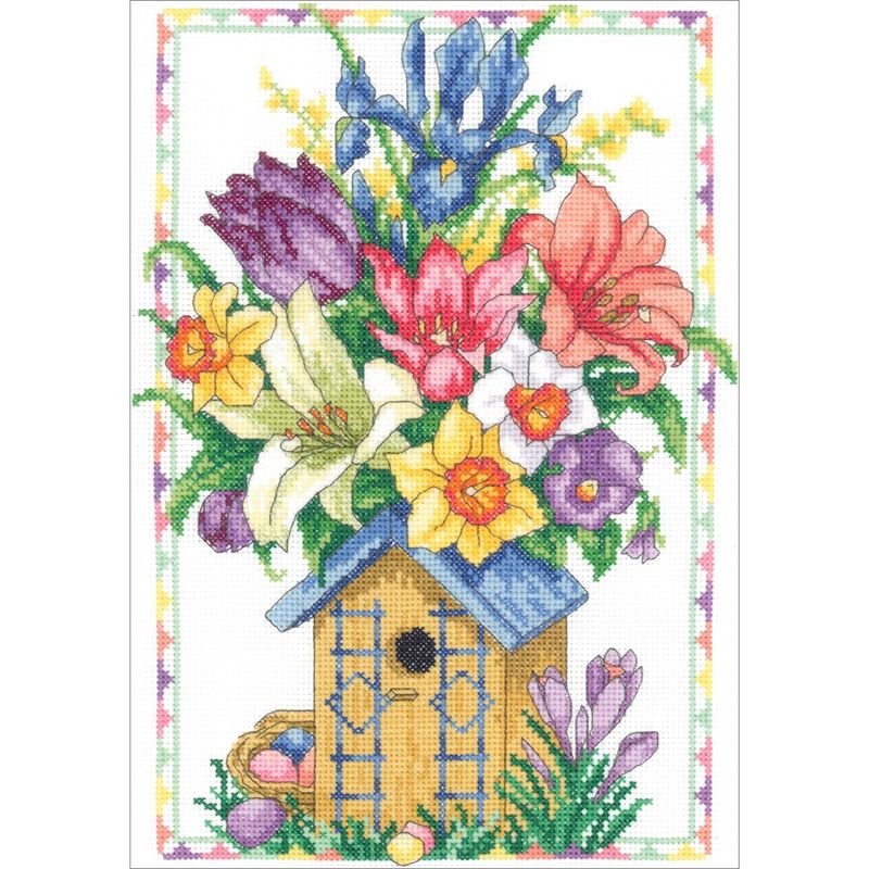 Janlynn Counted Cross Stitch Kit 9"X12"-Spring Birdhouse Bouquet (14 Count)