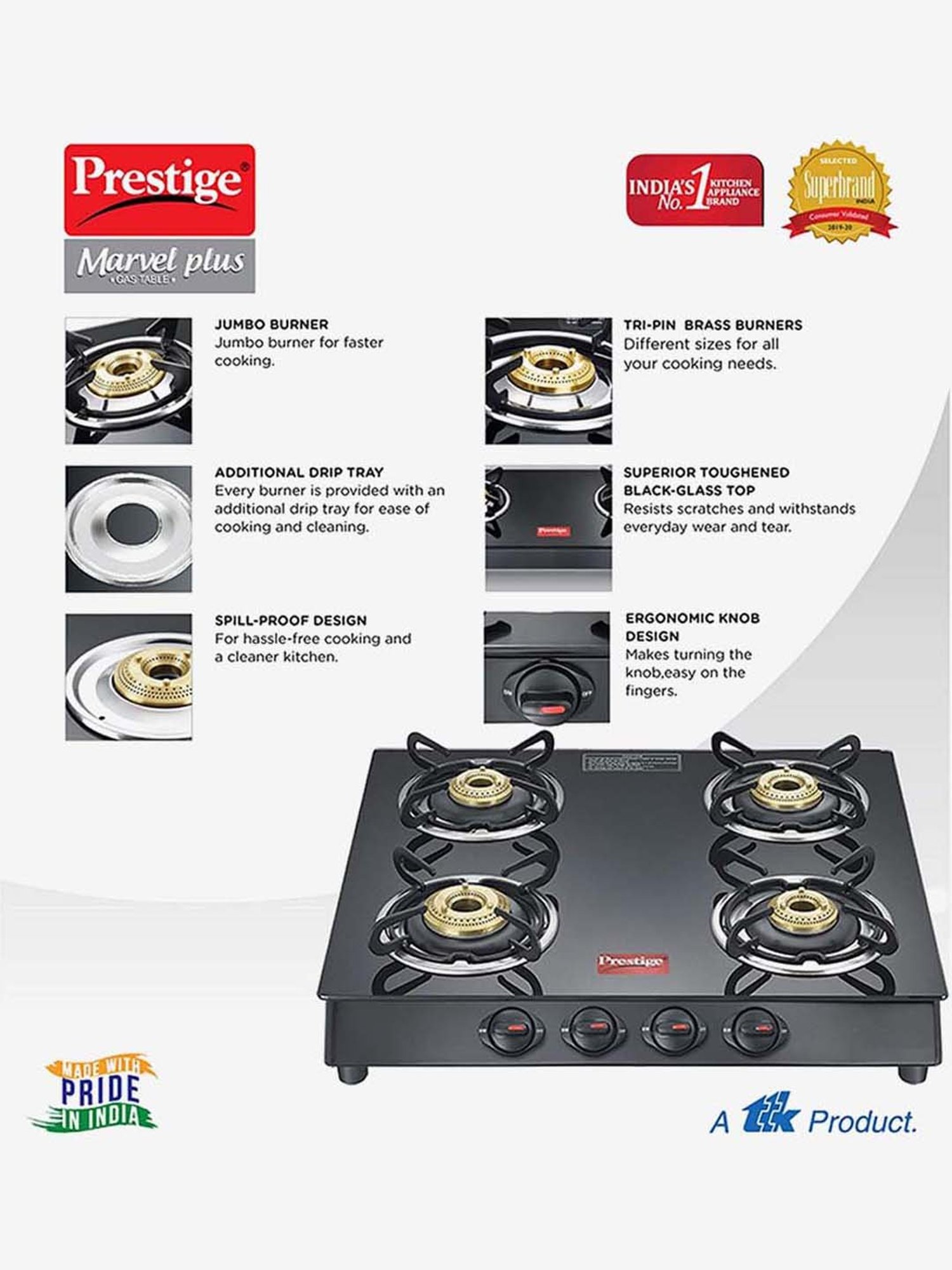 Prestige Marvel Plus GTM 04 SQ 4 Burners Glass Top Gas Stove (Black)