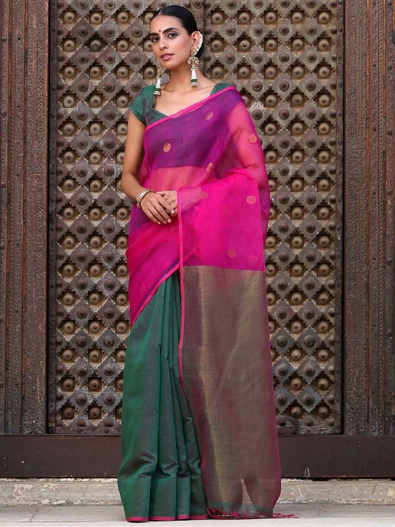 Swtantra Green & Pink Cotton Silk Embroidered Saree