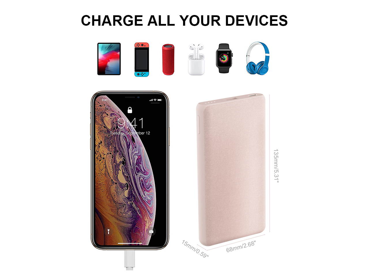 Portable Charger, Power Bank, 10000mAh Battery Pack, PD Charging Technology for iPhone 12/12 Pro / 12 Pro Max / 8 / X/XR, Samsung Galaxy, and More (Includes Type-C Dual Interface Cable) Pink