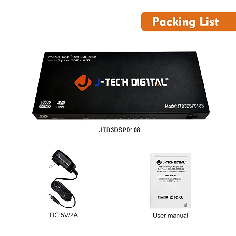 8-Port HDMI v.1.3 Splitter 1x8 Full HD 1080P Certified with 3D [JTD3DSP0108]